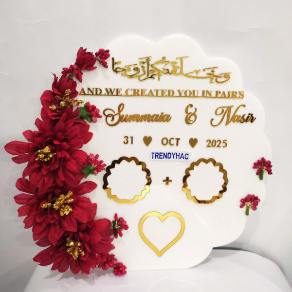 White Acrylic Thumb Board with Brownish-Red Flowers for Wedding/Nikah by trendyhac
