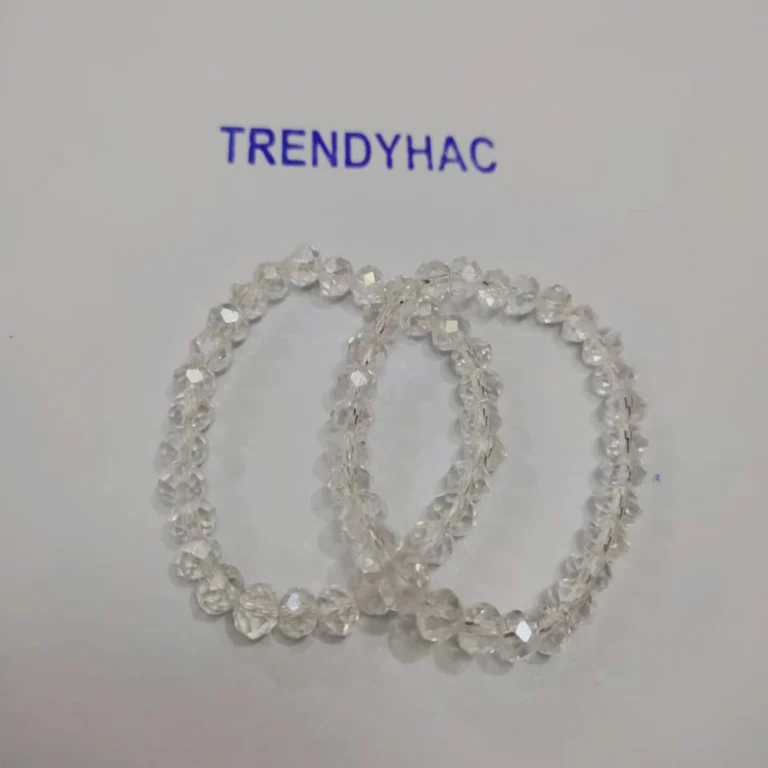 Full view of two interlocking clear faceted crystal beaded bracelets under a Trendyhac sign.