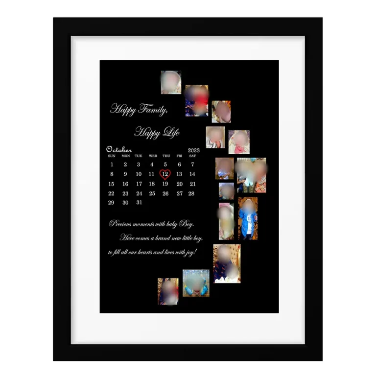 Front view of a black framed family photo collage with a cascading picture grid, milestone message, and October calendar on a black canvas.