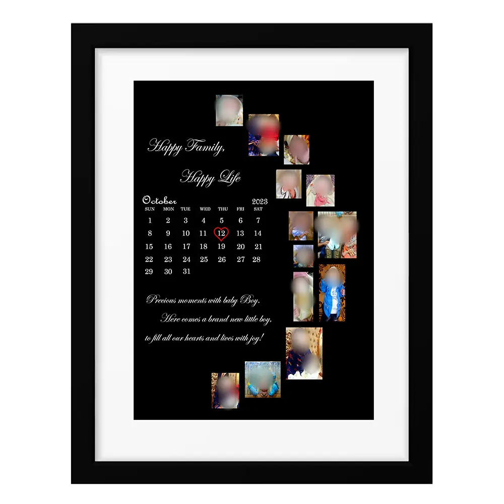 Front view of a black framed family photo collage with a cascading picture grid, milestone message, and October calendar on a black canvas.