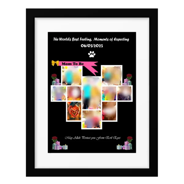 Front view of a black framed Mom to Be photo collage with a cross-shaped picture grid, milestone date, and a pink ribbon graphic on a black canvas.