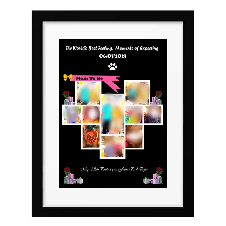 Front view of a black framed Mom to Be photo collage with a cross-shaped picture grid, milestone date, and a pink ribbon graphic on a black canvas.
