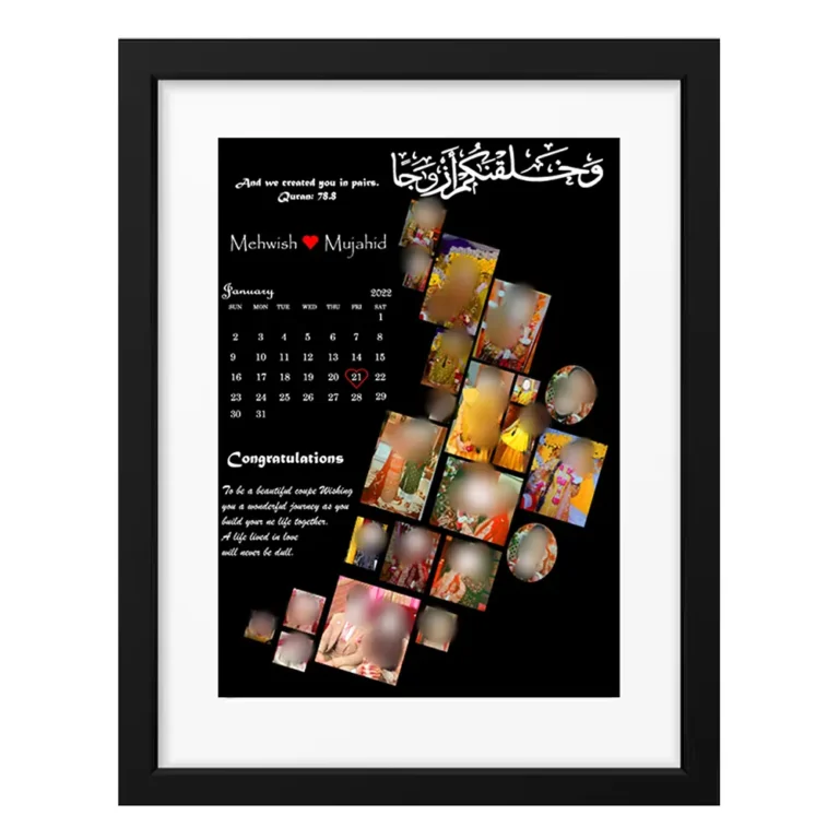 Front view of a black framed wedding collage featuring a cascading picture grid, Islamic calligraphy, and a January calendar page on a black background.