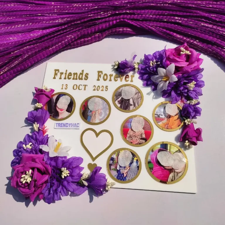Purple acrylic thumb board book page holder featuring a photos of two friends and the text Friends Forever.