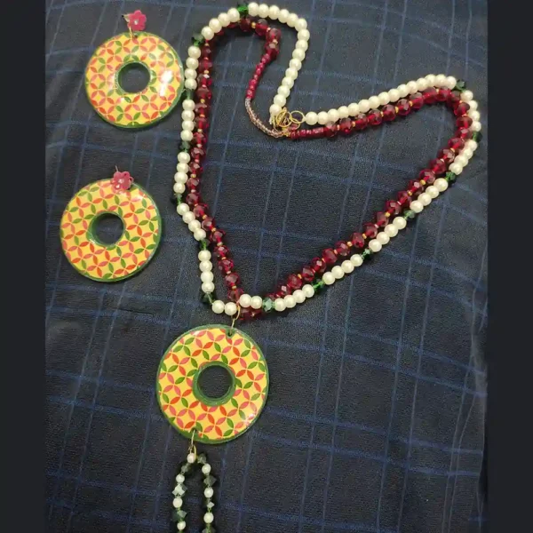 Handmade Colorful Beaded Jewelry Set in geometric donut pattern, matching pink flower stud earrings.