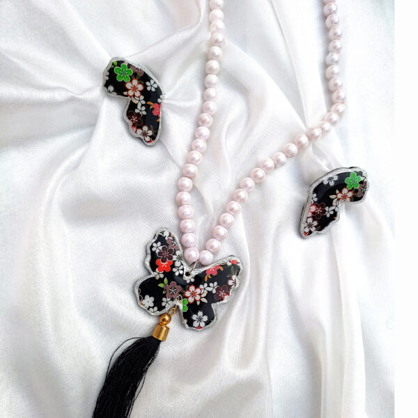 Butterfly Floral Design with Pearl Jewelry Set | Handmade Polymer Clay Necklace by trendyhac