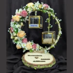 Handcrafted wooden ring platter with elegant gold accents for engagement and Nikah ceremonies.
