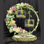 Handcrafted wooden ring platter with elegant gold accents for engagement and Nikah ceremonies.
