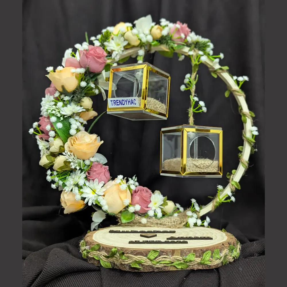 Handcrafted wooden ring platter with elegant gold accents for engagement and Nikah ceremonies.