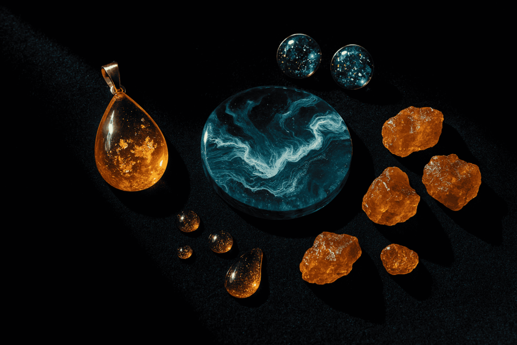 resin material art pieces showing amber pendant epoxy coaster
resin earrings and natural pine resin drops on black surface