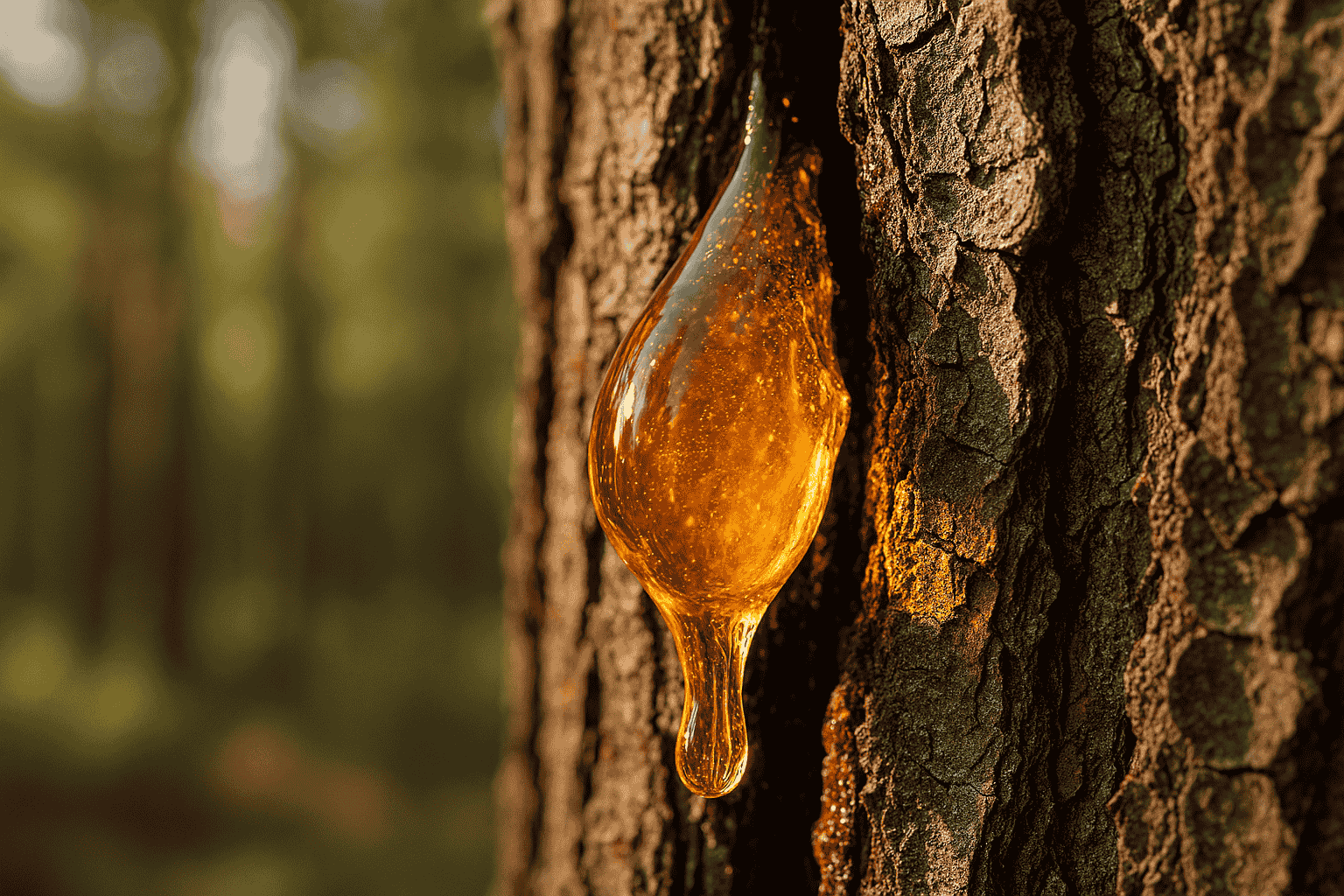 natural pine resin dripping from pine tree bark golden amber color